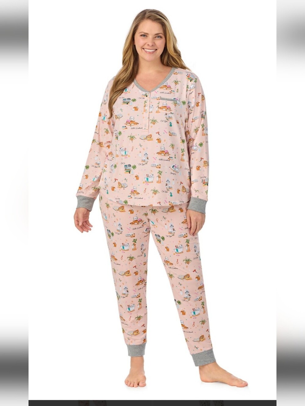 Womens Cuddl Duds Cozy Cats Long Sleeve And Jogger Henly Pajama Set